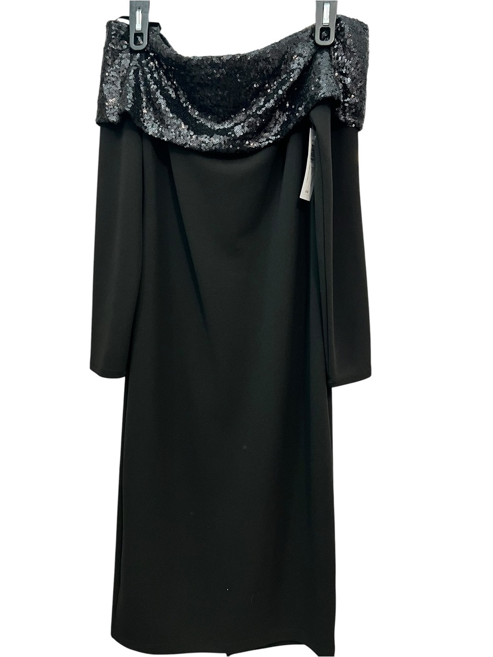 Premier Amour Black Off-the-Shoulder Long Sleeve Dress w/Sequin Trim size 8 NWT